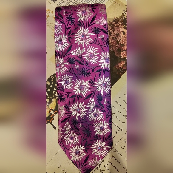 Men's Byron silk tie purple fuchsia with white flowers, navy leaves - Picture 1 of 7